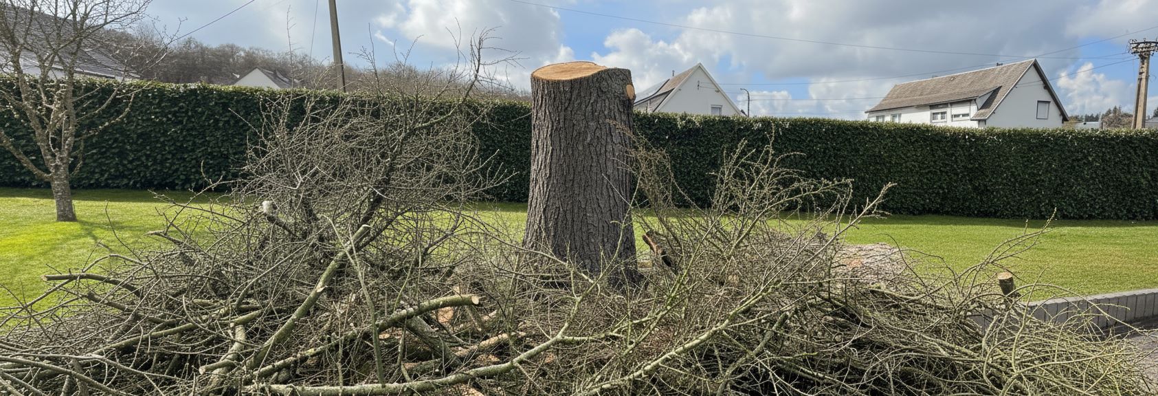 Souche d'un grand arbre après un abattage sécurisé par Roussalino Paysagiste dans un jardin à Arlon.