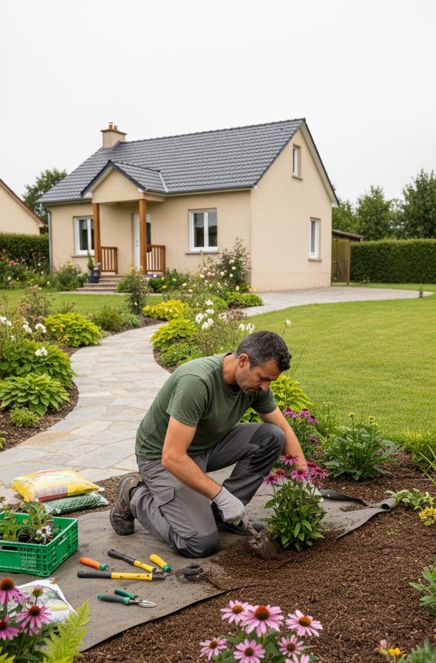 aysagiste professionnel réalisant la plantation de fleurs dans un jardin résidentiel à Messancy.
